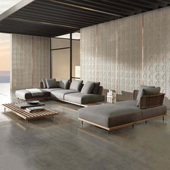 Modern Gray and Beige Teak Wood Outdoor Sectional Sofa Set