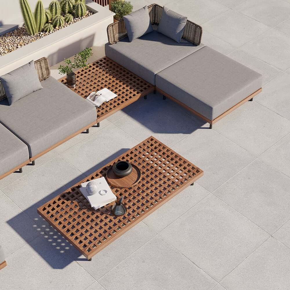 Modern Gray and Beige Teak Wood Outdoor Sectional Sofa Set