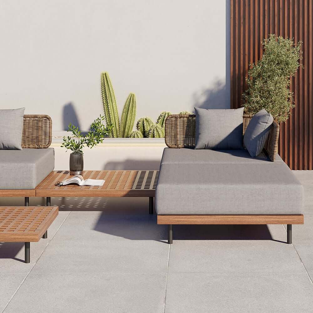 Modern Gray and Beige Teak Wood Outdoor Sectional Sofa Set