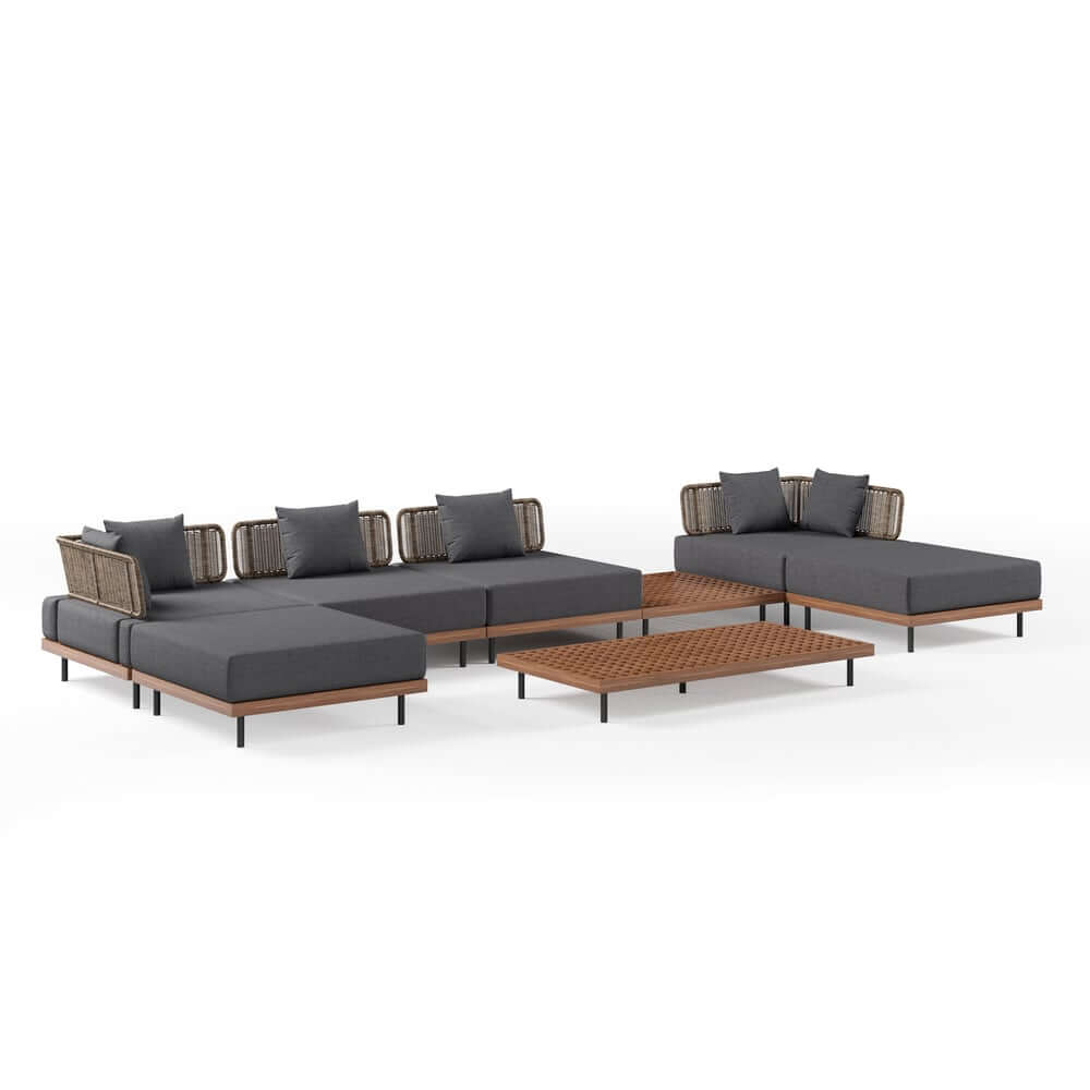 Modern Gray and Beige Teak Wood Outdoor Sectional Sofa Set
