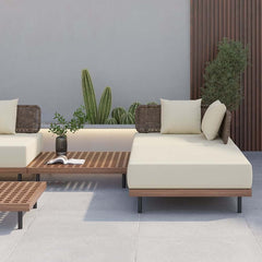 Modern Gray and Beige Teak Wood Outdoor Sectional Sofa Set
