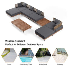 Modern Gray and Beige Teak Wood Outdoor Sectional Sofa Set