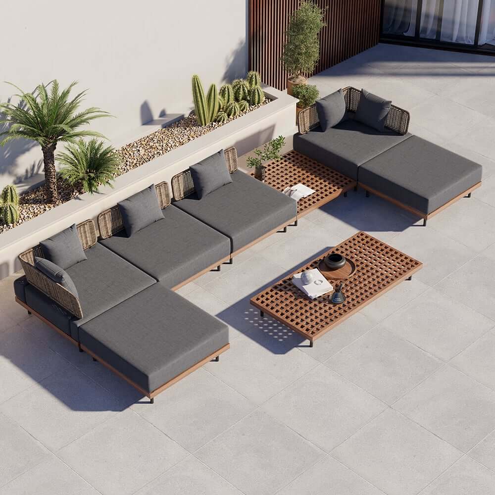 Modern Gray and Beige Teak Wood Outdoor Sectional Sofa Set