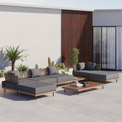 Modern Gray and Beige Teak Wood Outdoor Sectional Sofa Set