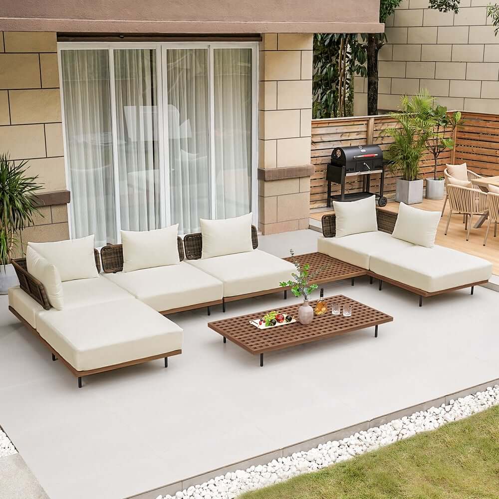Modern Gray and Beige Teak Wood Outdoor Sectional Sofa Set