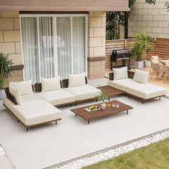 Modern Gray and Beige Teak Wood Outdoor Sectional Sofa Set