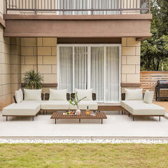 Modern Gray and Beige Teak Wood Outdoor Sectional Sofa Set