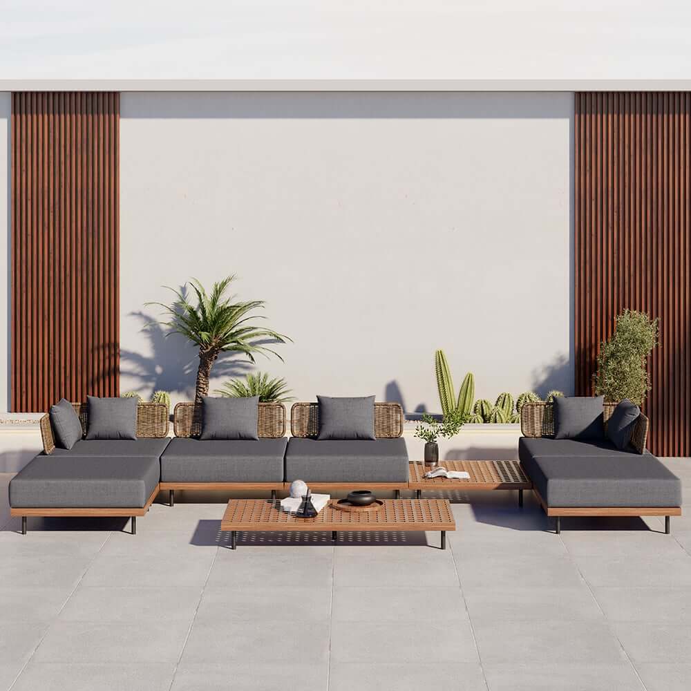 Modern Gray and Beige Teak Wood Outdoor Sectional Sofa Set