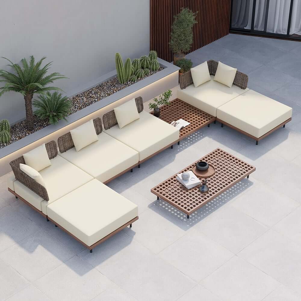 Modern Gray and Beige Teak Wood Outdoor Sectional Sofa Set Main Product Image
