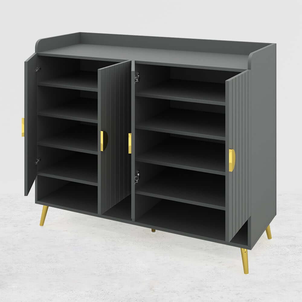 Modern Gray and White Shoe Cabinet with Metal Legs and Shelves