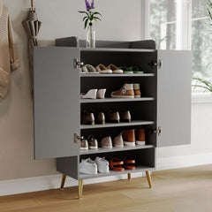 Modern Gray and White Shoe Cabinet with Metal Legs and Shelves
