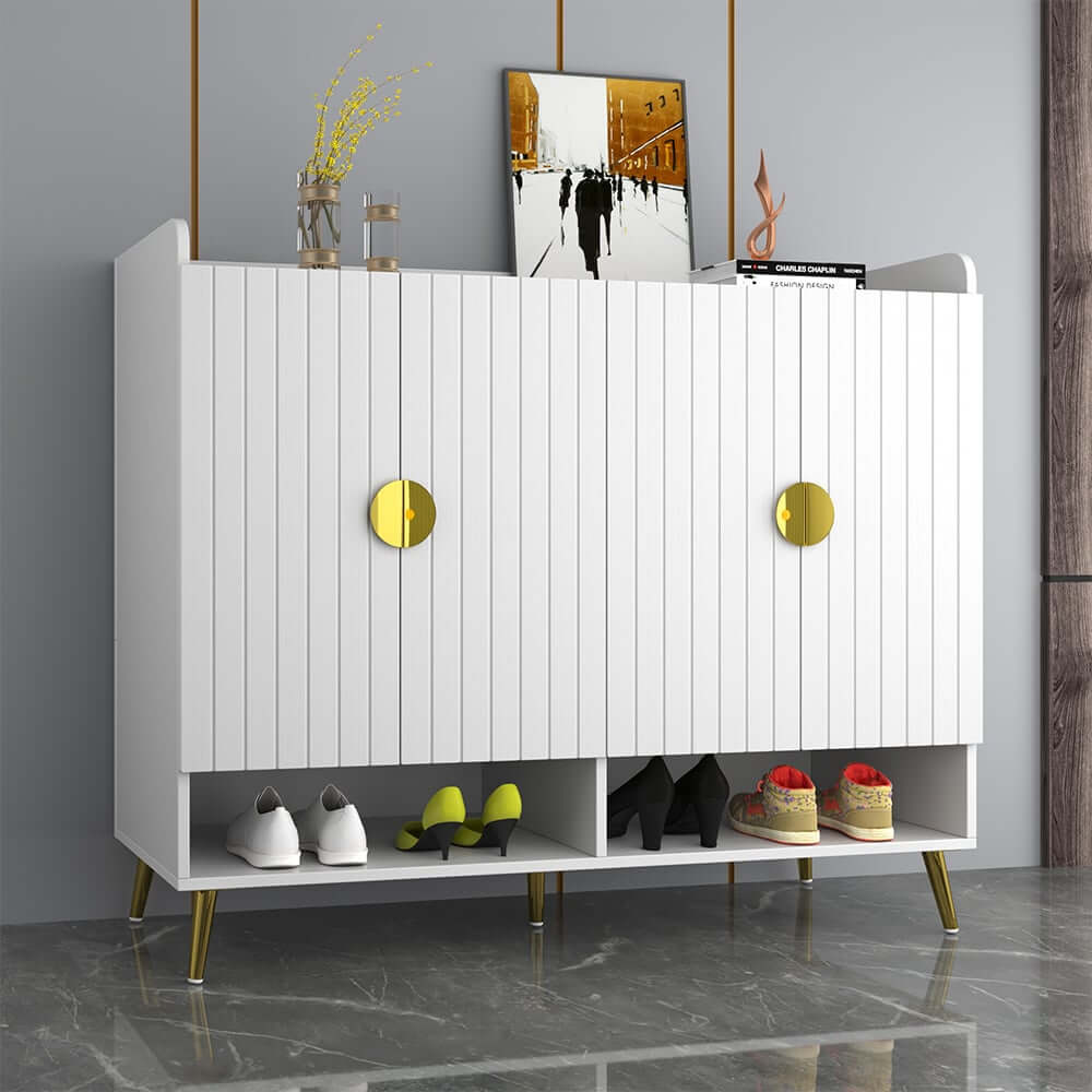 Modern Gray and White Shoe Cabinet with Metal Legs and Shelves