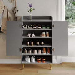 Modern Gray and White Shoe Cabinet with Metal Legs and Shelves