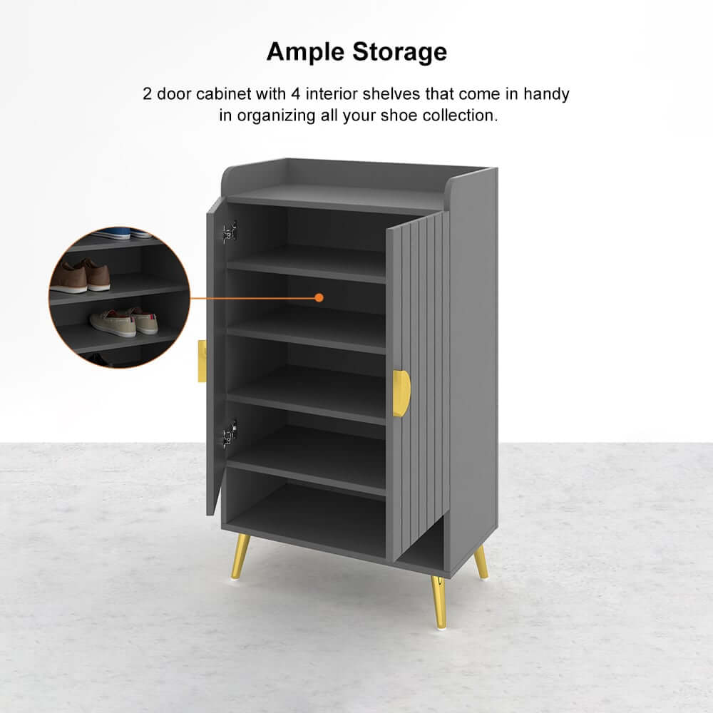 Modern Gray and White Shoe Cabinet with Metal Legs and Shelves
