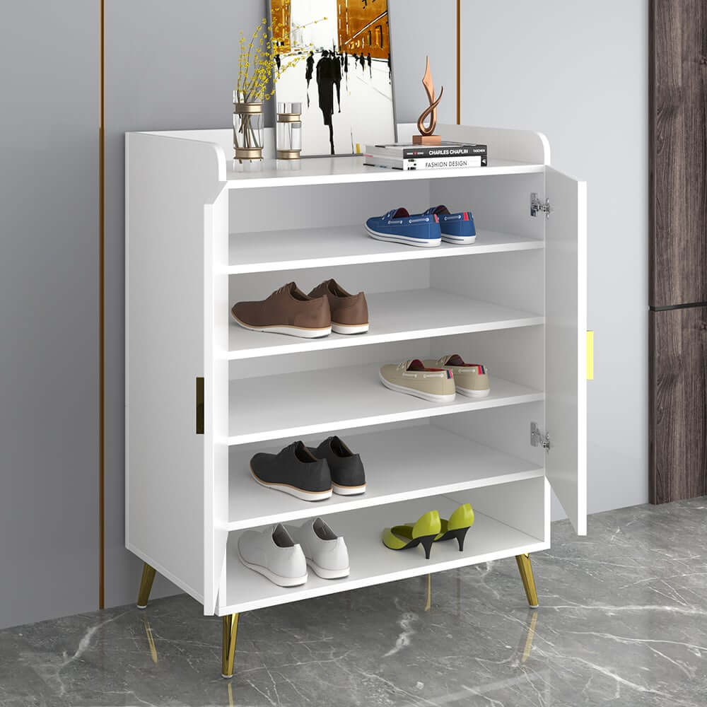 Modern Gray and White Shoe Cabinet with Metal Legs and Shelves