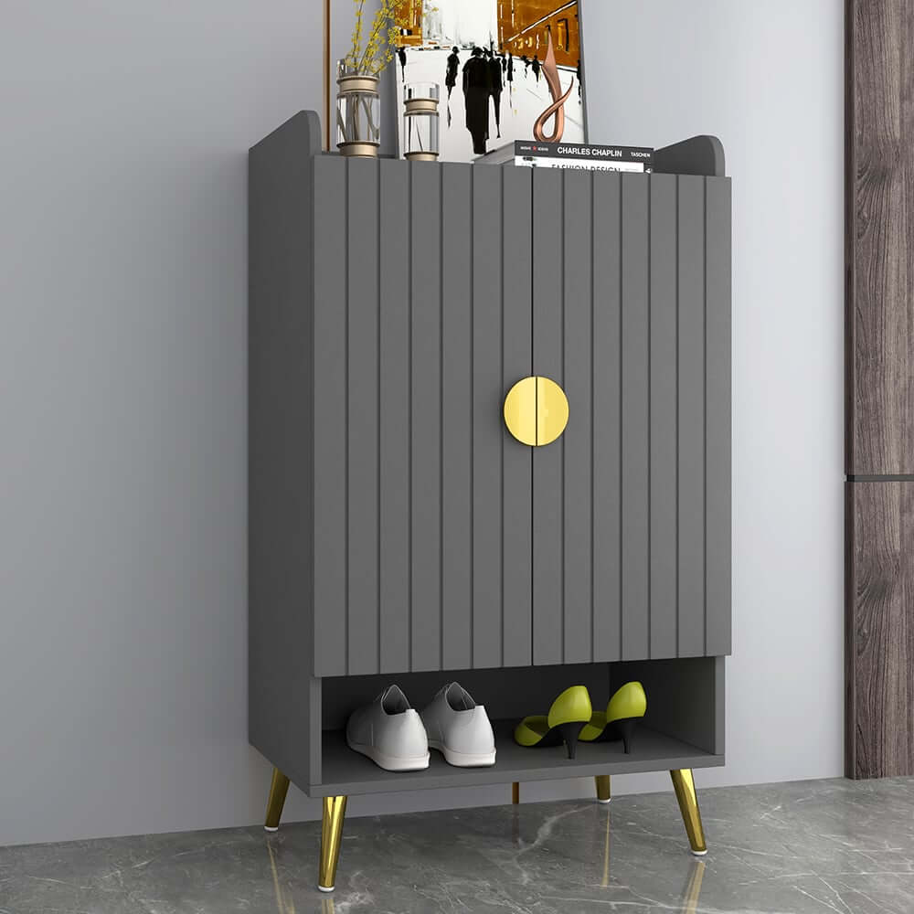 Modern Gray and White Shoe Cabinet with Metal Legs and Shelves