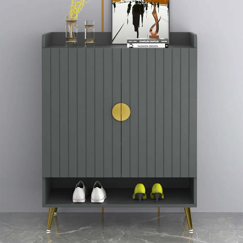 Modern Gray and White Shoe Cabinet with Metal Legs and Shelves