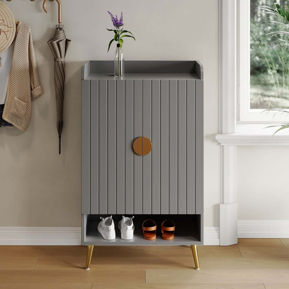 Modern Gray and White Shoe Cabinet with Metal Legs and Shelves