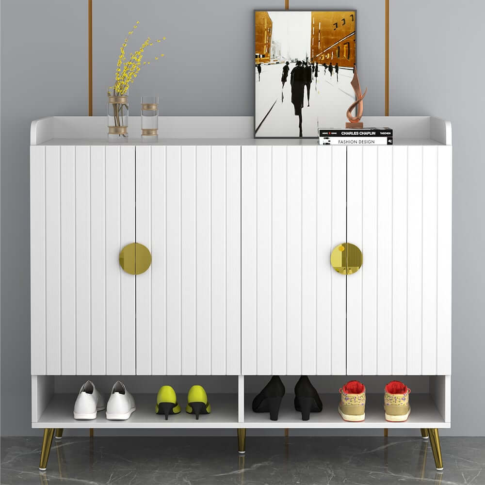 Modern Gray and White Shoe Cabinet with Metal Legs and Shelves