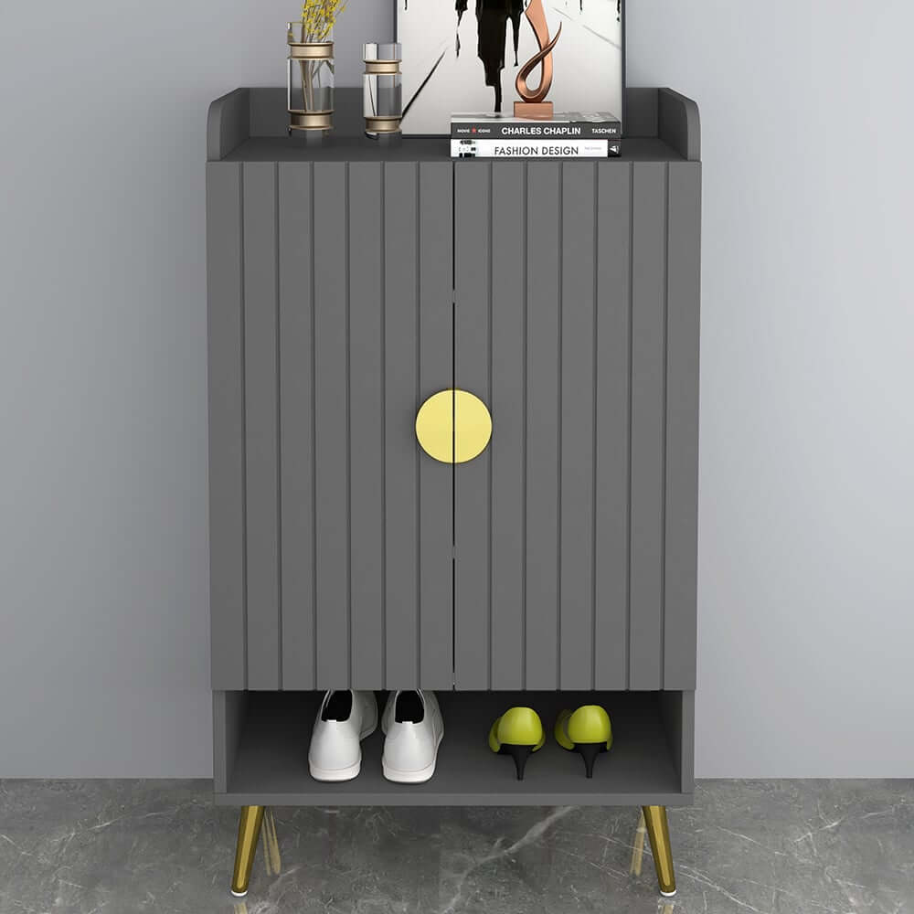 Modern Gray and White Shoe Cabinet with Metal Legs and Shelves