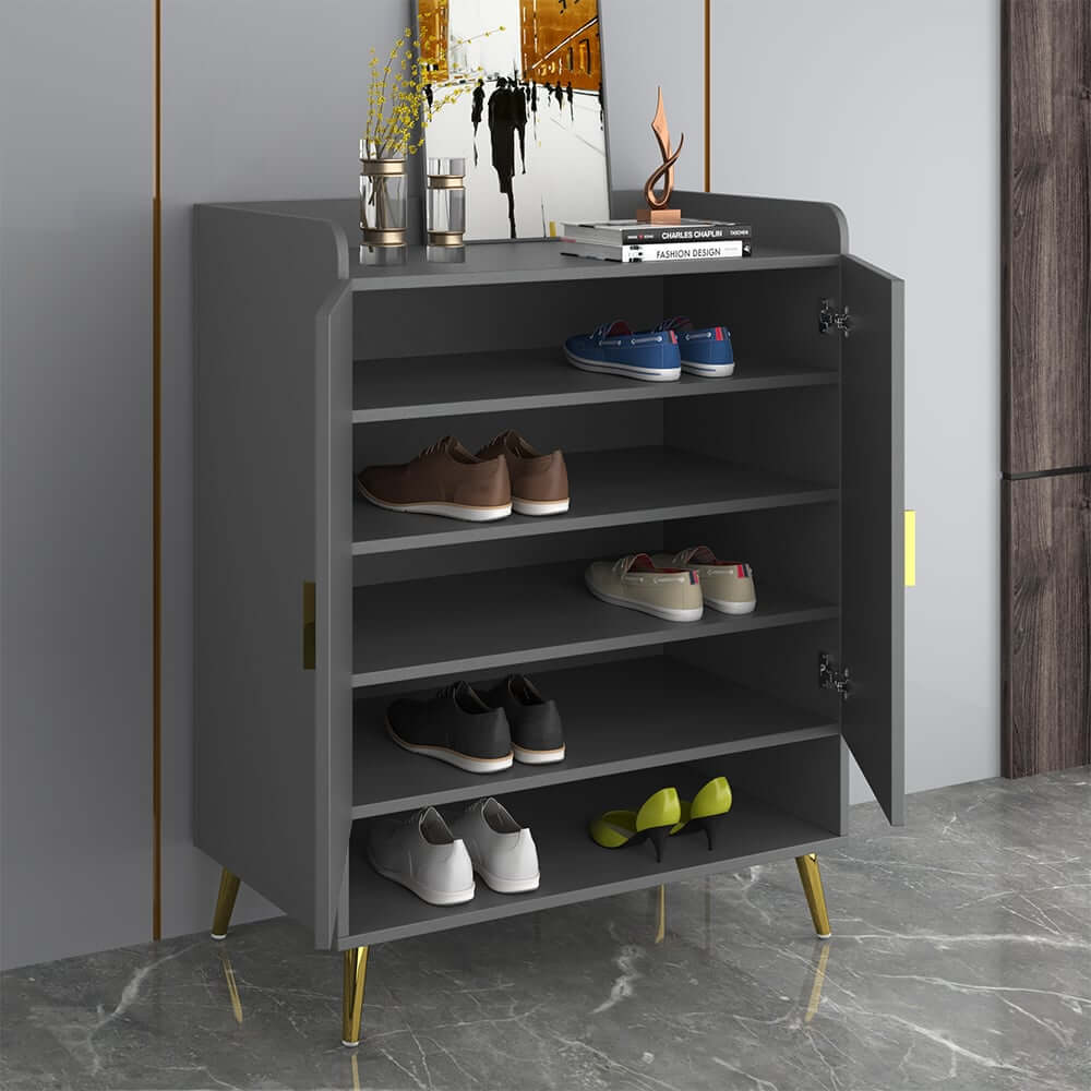 Modern Gray and White Shoe Cabinet with Metal Legs and Shelves
