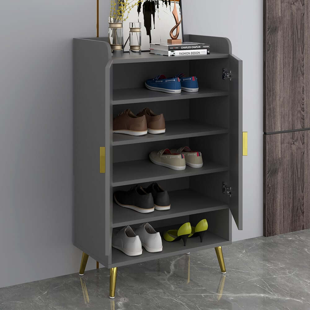Modern Gray and White Shoe Cabinet with Metal Legs and Shelves