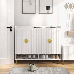 Modern Gray and White Shoe Cabinet with Metal Legs and Shelves