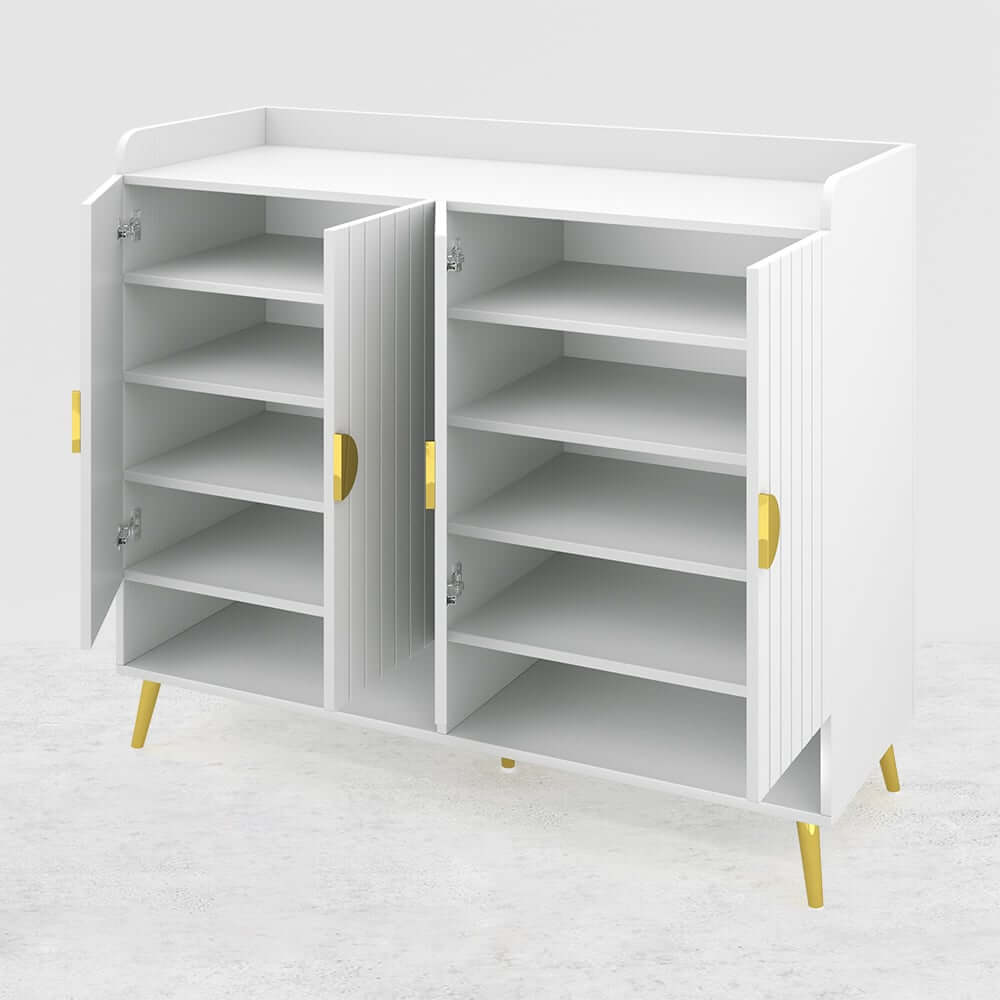Modern Gray and White Shoe Cabinet with Metal Legs and Shelves