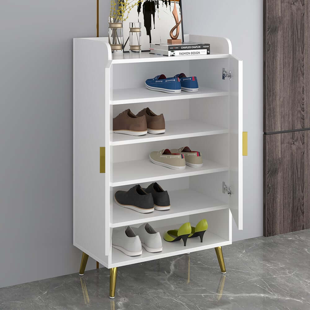 Modern Gray and White Shoe Cabinet with Metal Legs and Shelves