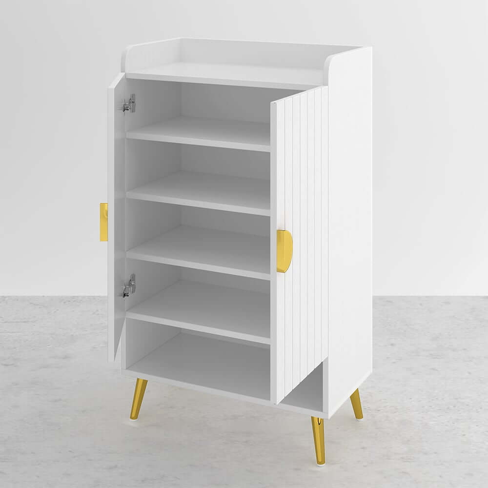Modern Gray and White Shoe Cabinet with Metal Legs and Shelves