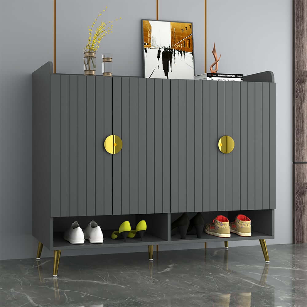 Modern Gray and White Shoe Cabinet with Metal Legs and Shelves Main Product Image