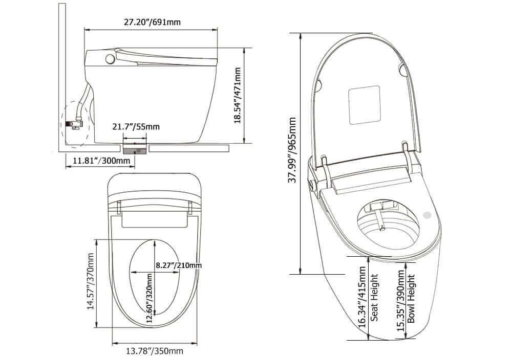 Modern Gray Bidet Toilet with Heated Seat and Automatic Flushing Dimensions