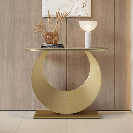 Modern Gray & Gold Console Table with Sintered Stone Top