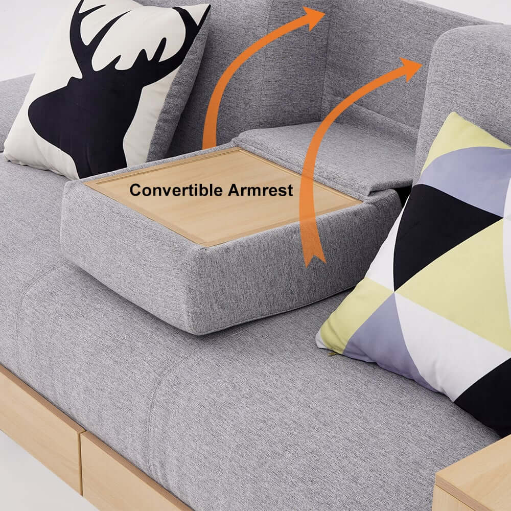 Modern Gray Linen Futon Sofa Bed With Storage Drawers