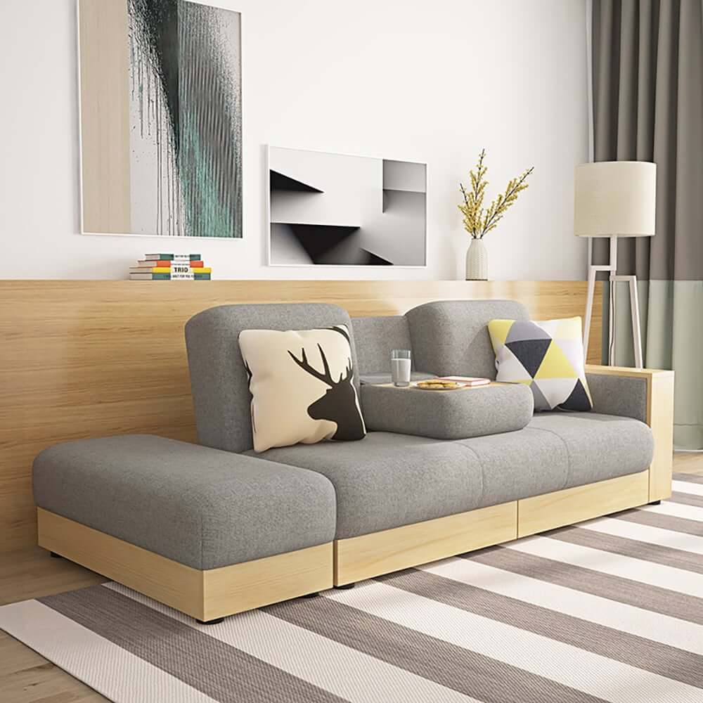 Modern Gray Linen Futon Sofa Bed With Storage Drawers