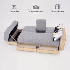 Modern Gray Linen Futon Sofa Bed With Storage Drawers