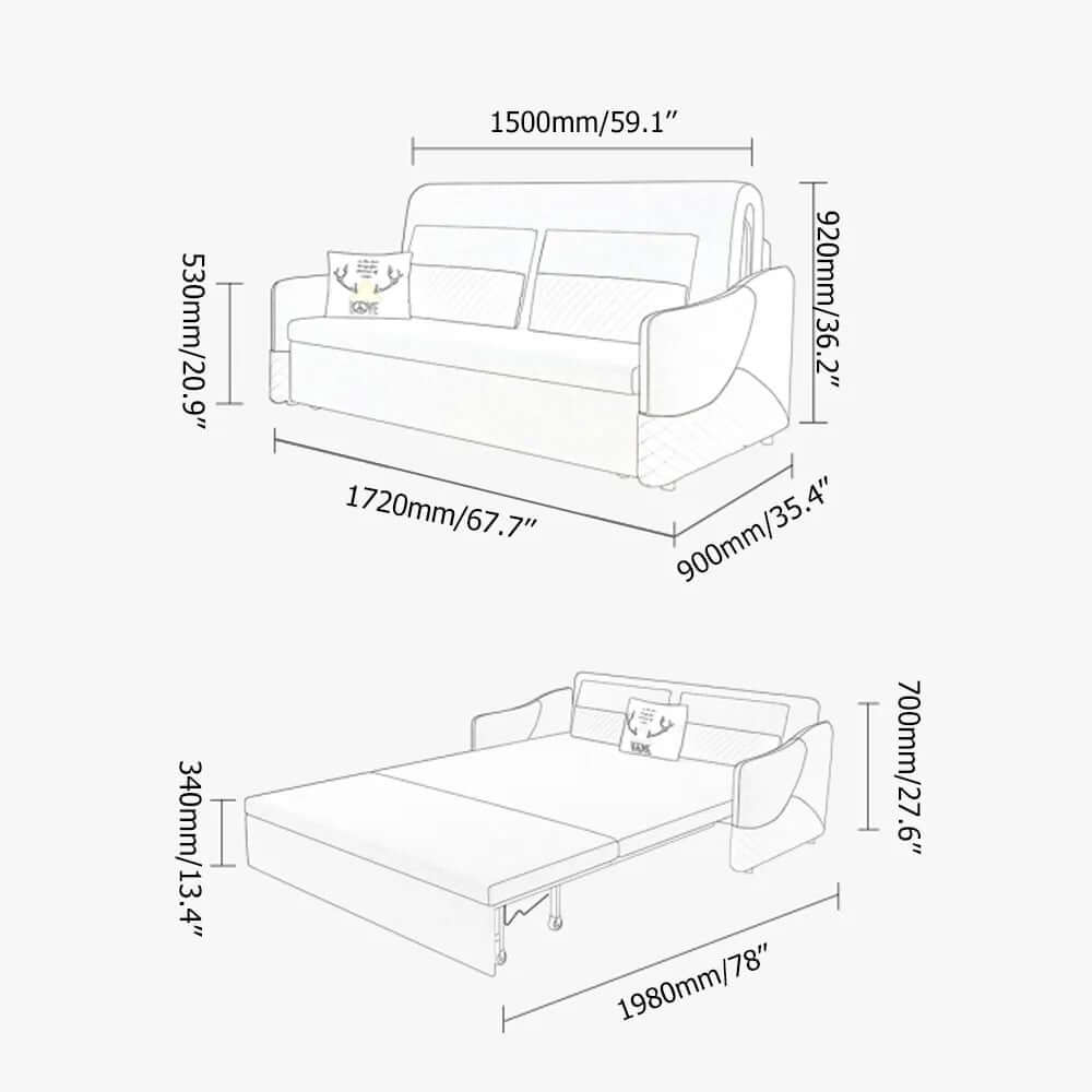 Modern Gray Linen Sofa Bed With Storage And Slope Arms Dimensions