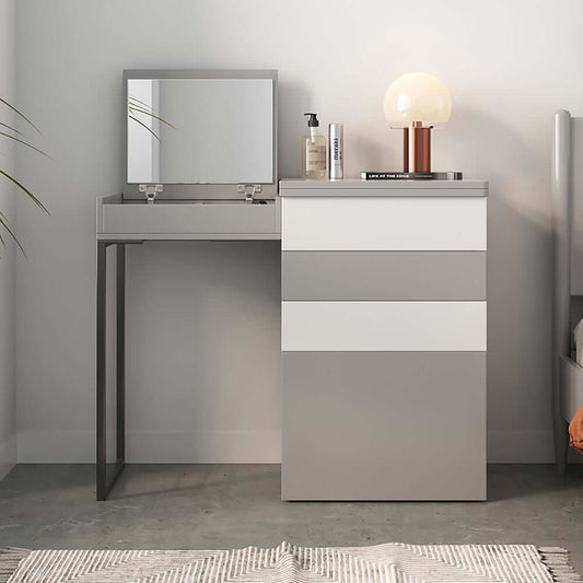 Modern Gray Makeup Vanity Set with Flip-Top Mirror and Stool