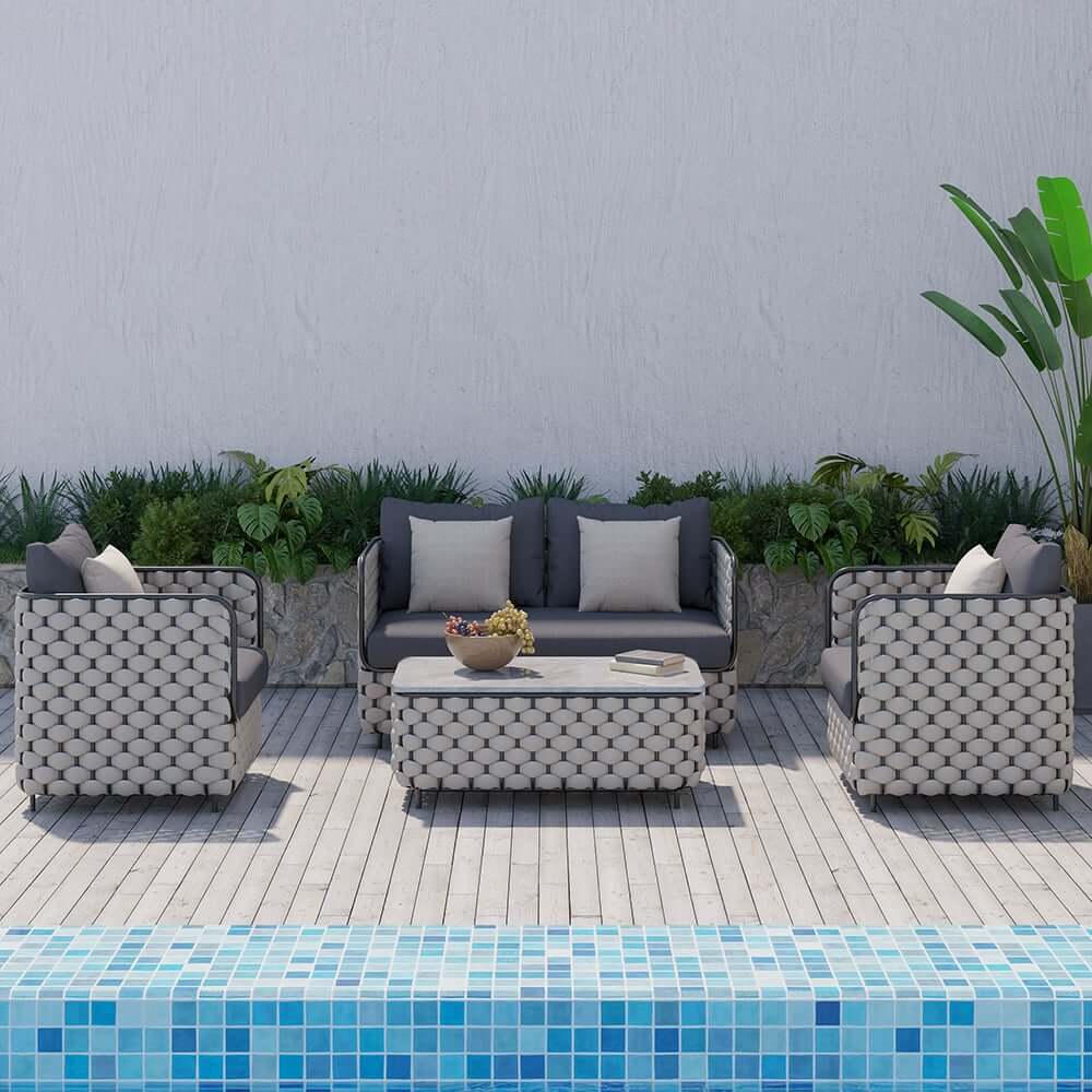 Modern Gray Outdoor Sofa and Coffee Table Set with Sintered Stone