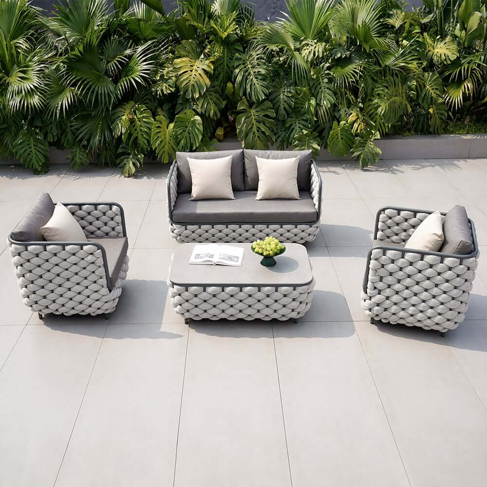 Modern Gray Outdoor Sofa and Coffee Table Set with Sintered Stone