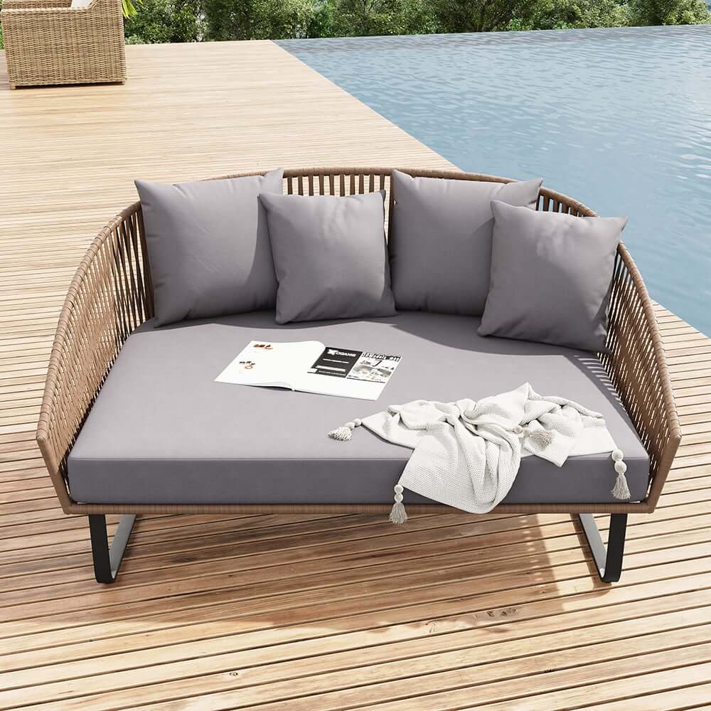 Modern Gray PE Rattan Daybed Loveseat with Aluminum Frame