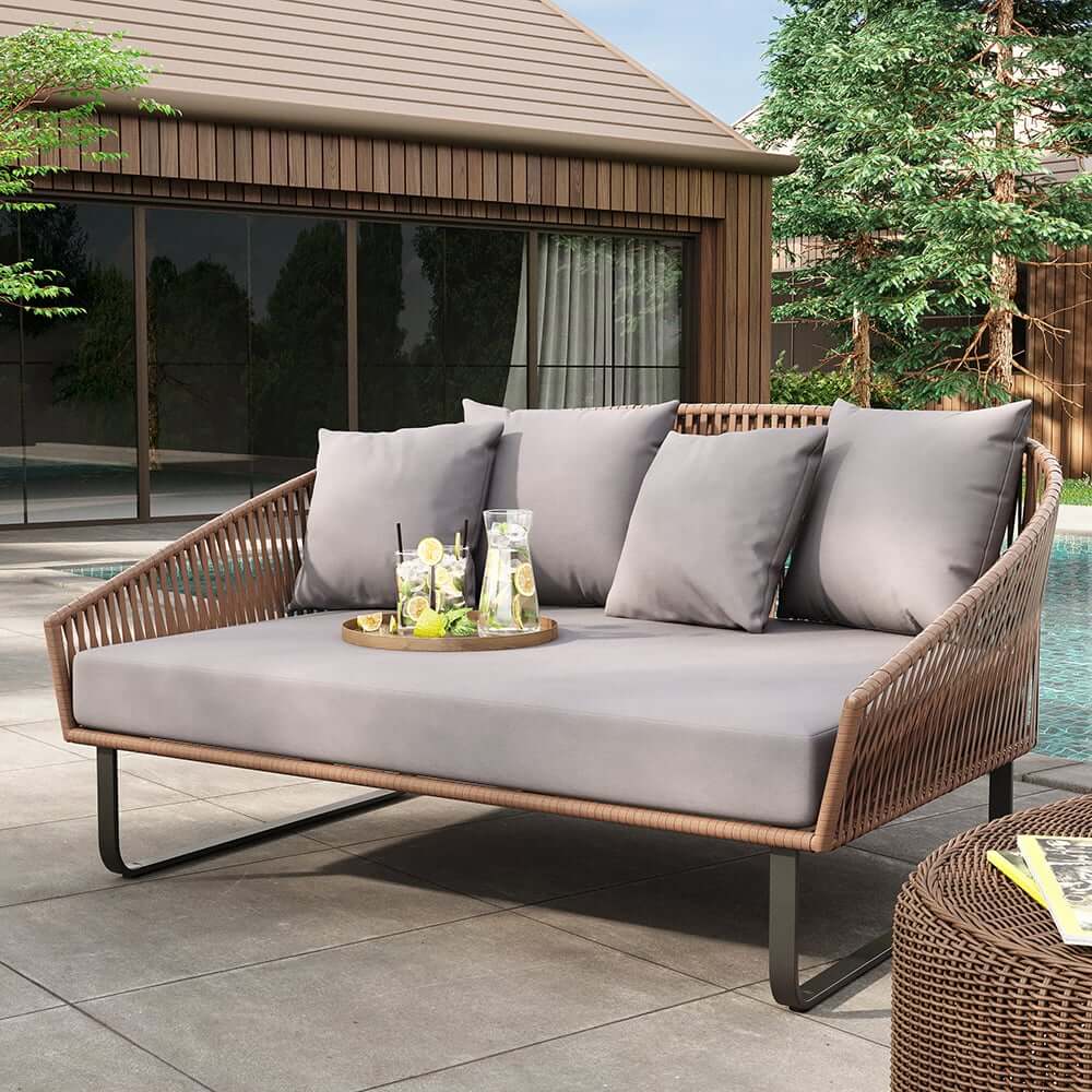 Modern Gray PE Rattan Daybed Loveseat with Aluminum Frame