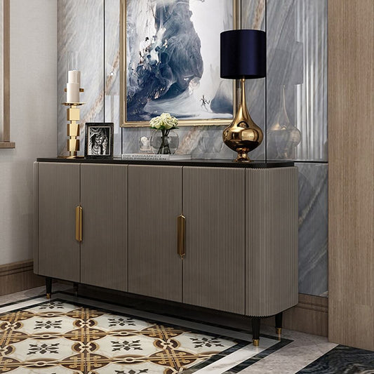 Modern Gray Sideboard Buffet With Black Top & 4 Brass Doors