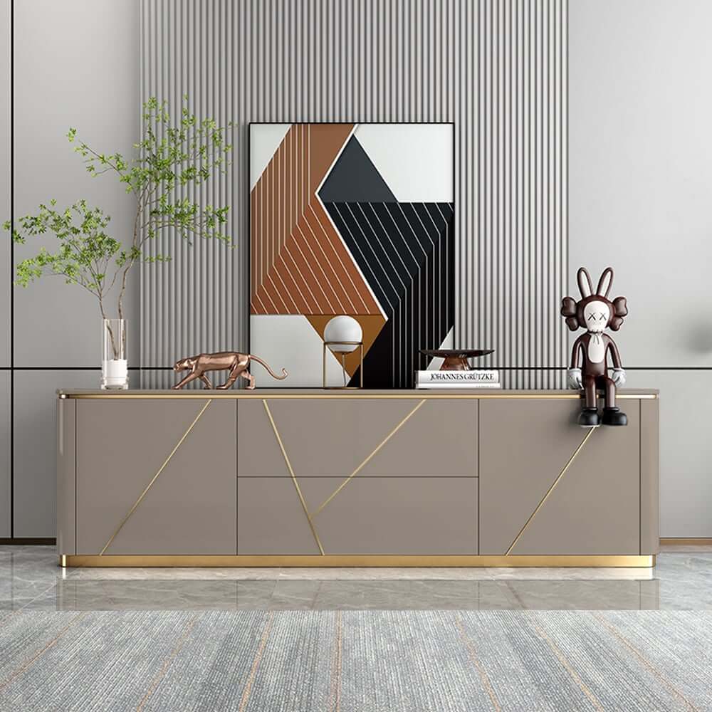 Modern Gray TV Stand With Drawers & Gold Metal Legs