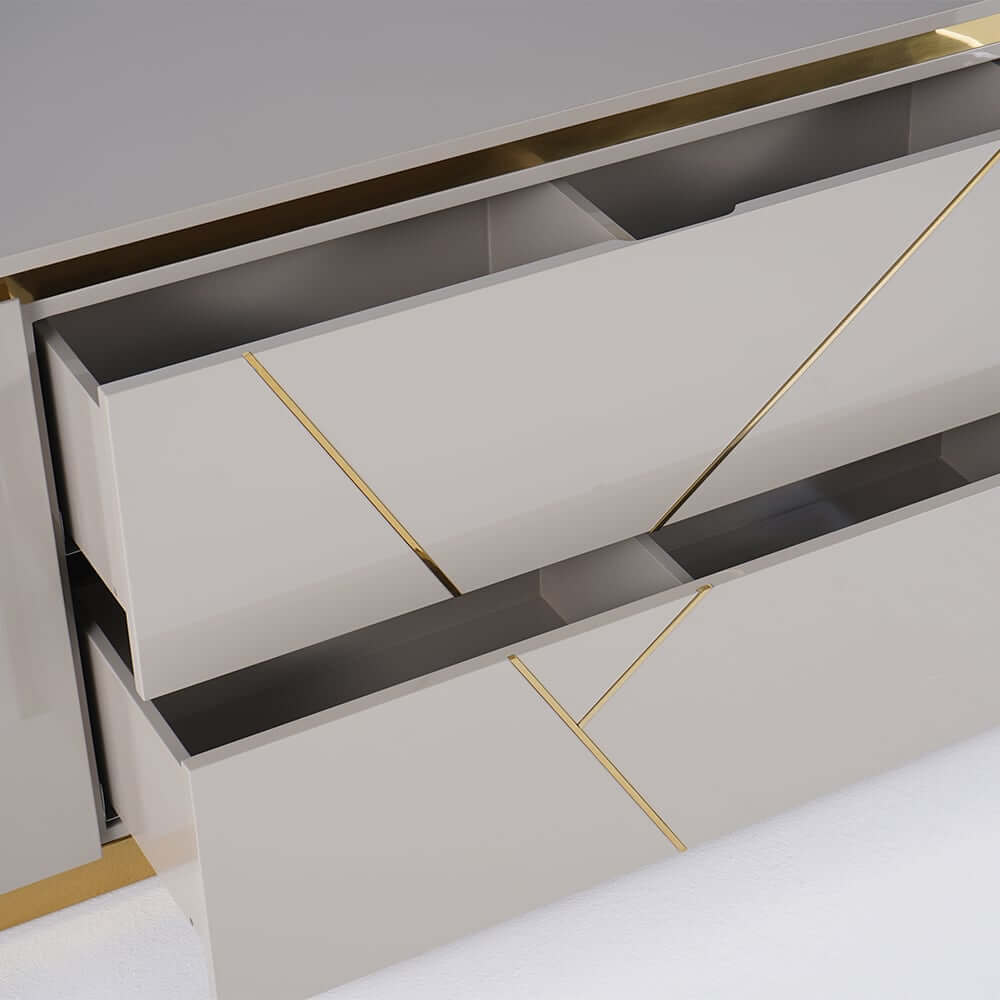 Modern Gray TV Stand With Drawers & Gold Metal Legs