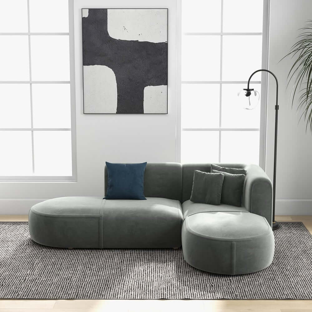 Modern Gray Velvet L-Shaped Sectional Sofa, Cushion Back