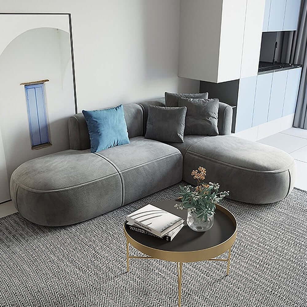 Modern Gray Velvet L-Shaped Sectional Sofa, Cushion Back Main Product Image