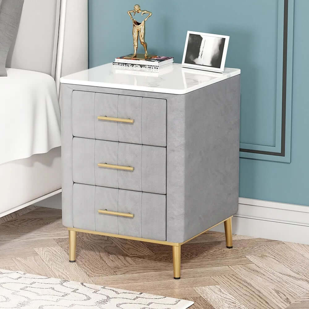 Modern Gray Velvet Nightstand With Sintered Stone Top