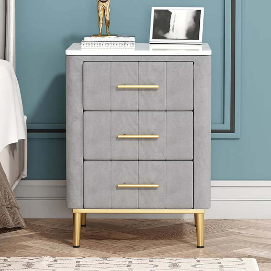 Modern Gray Velvet Nightstand With Sintered Stone Top