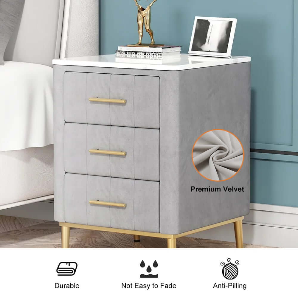 Modern Gray Velvet Nightstand With Sintered Stone Top